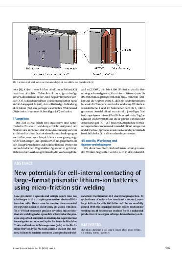 Neue Potenziale für die zellinterne Kontaktierung großformatiger  prismatischer Lithium-Ionen-Batterien durch das Mikro-Rührreibschweißen /  Ausgabe 6 (2023) - Schweißen und Schneiden
